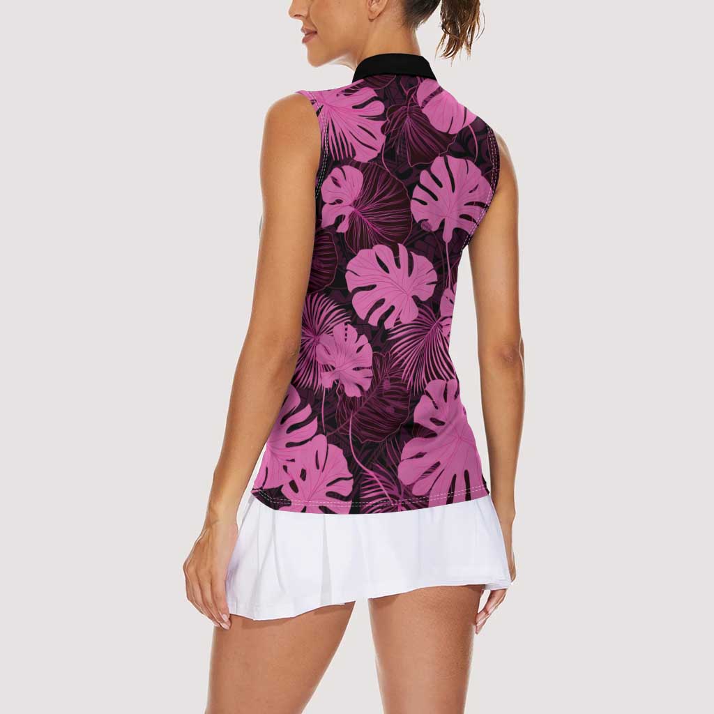 Pink Hawaii Kukui Nut Lei Women Sleeveless Polo Shirt Hawaiian Pattern Monstera Tropical Vibes - Polynesian Pride