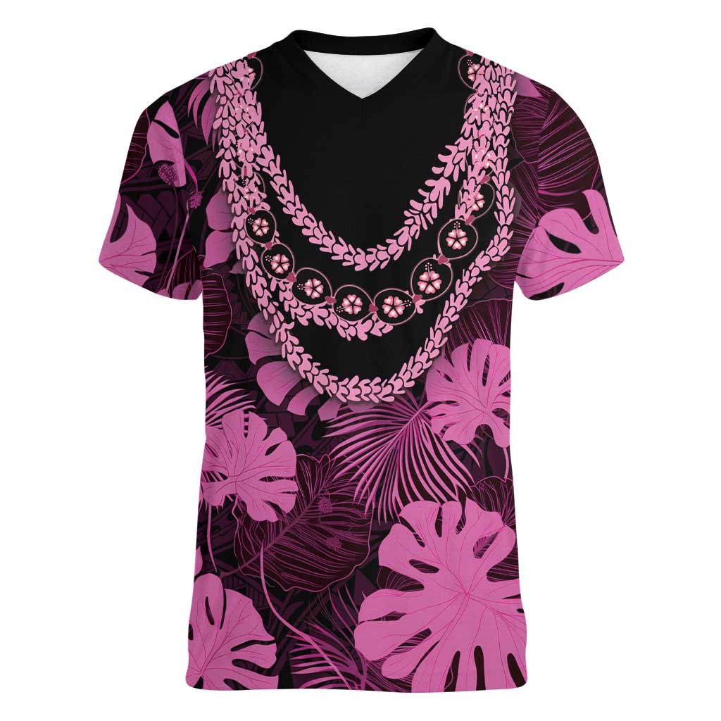 Pink Hawaii Kukui Nut Lei Women V-Neck T-Shirt Hawaiian Pattern Monstera Tropical Vibes LT14 Female Pink - Polynesian Pride