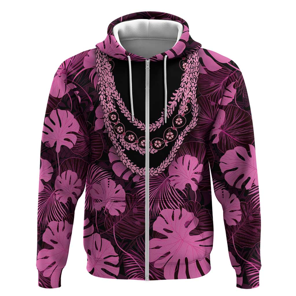 Pink Hawaii Kukui Nut Lei Zip Hoodie Hawaiian Pattern Monstera Tropical Vibes LT14 Zip Hoodie Pink - Polynesian Pride