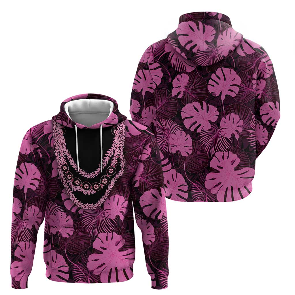 Pink Hawaii Kukui Nut Lei Zip Hoodie Hawaiian Pattern Monstera Tropical Vibes - Polynesian Pride