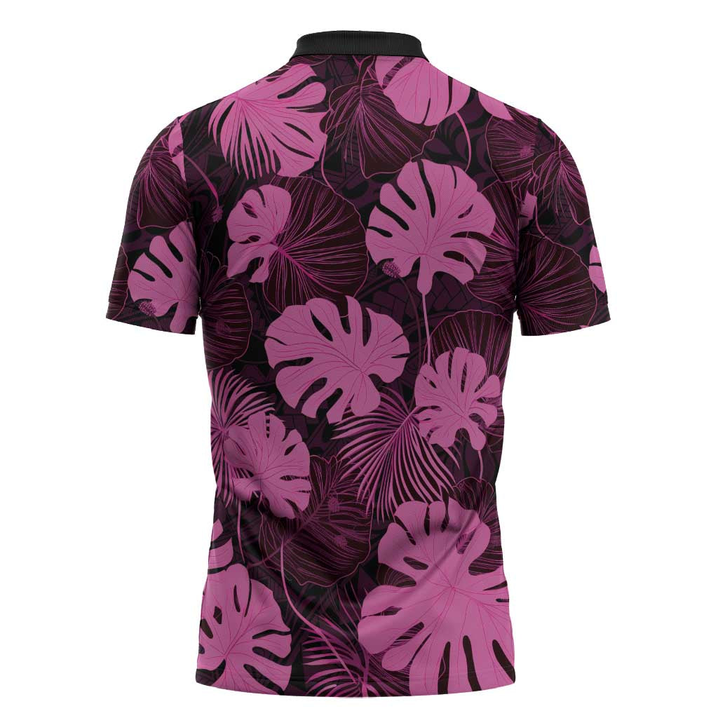 Pink Hawaii Kukui Nut Lei Zipper Polo Shirt Hawaiian Pattern Monstera Tropical Vibes - Polynesian Pride