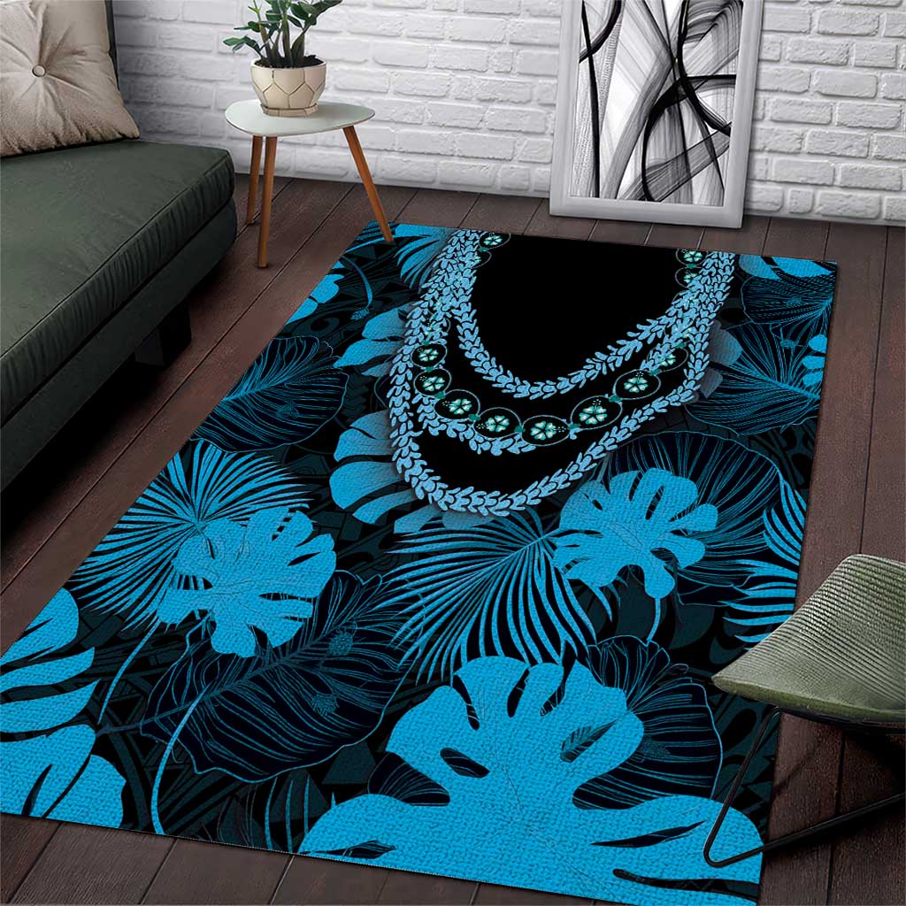 Blue Hawaii Kukui Nut Lei Area Rug Hawaiian Pattern Monstera Tropical Vibes - Polynesian Pride