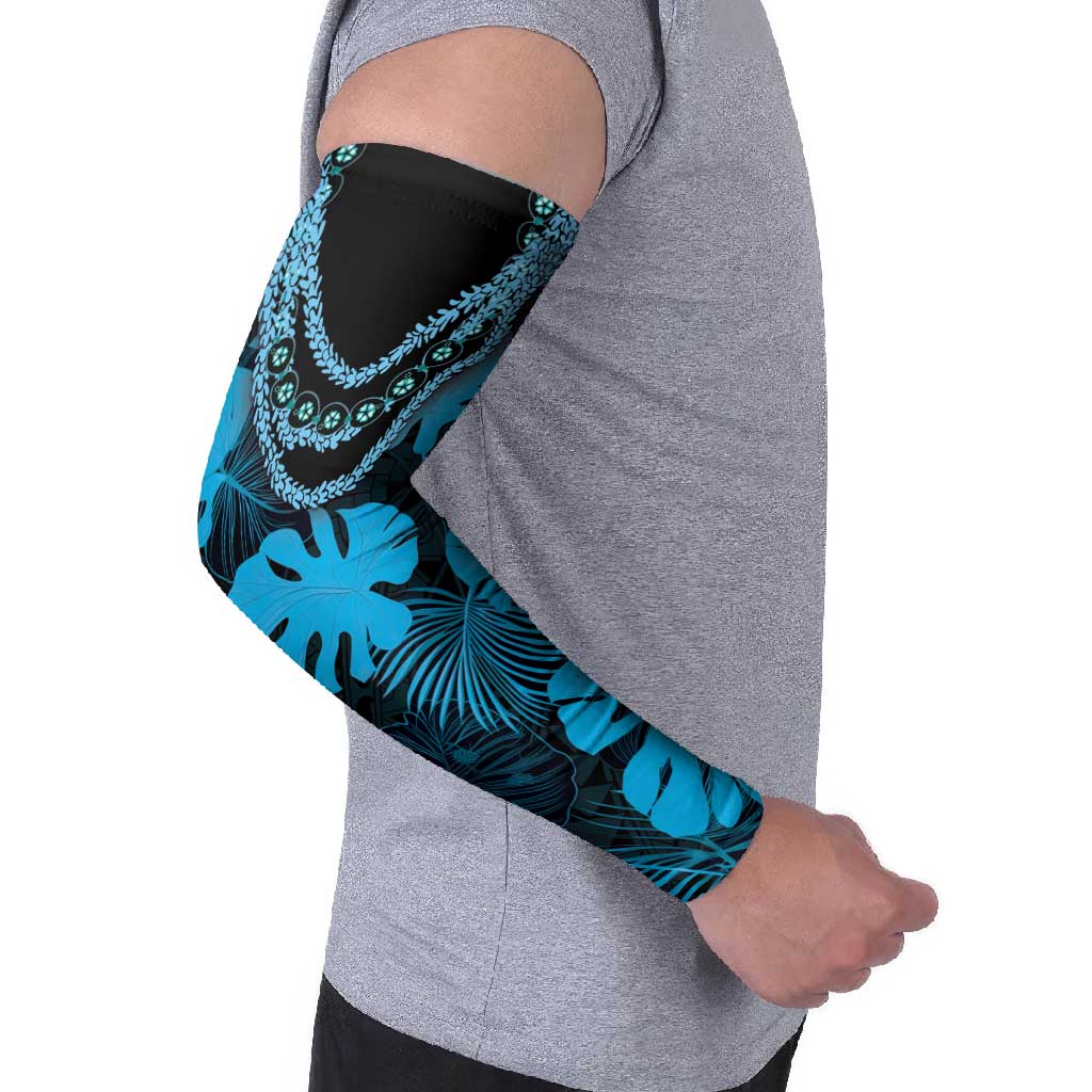 Blue Hawaii Kukui Nut Lei Arm Sleeves Hawaiian Pattern Monstera Tropical Vibes - Polynesian Pride