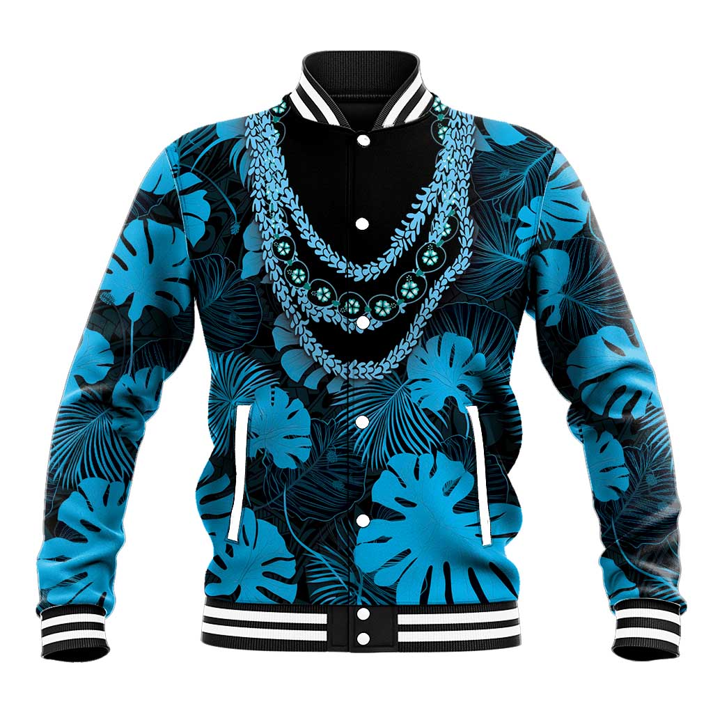 Blue Hawaii Kukui Nut Lei Baseball Jacket Hawaiian Pattern Monstera Tropical Vibes - Polynesian Pride