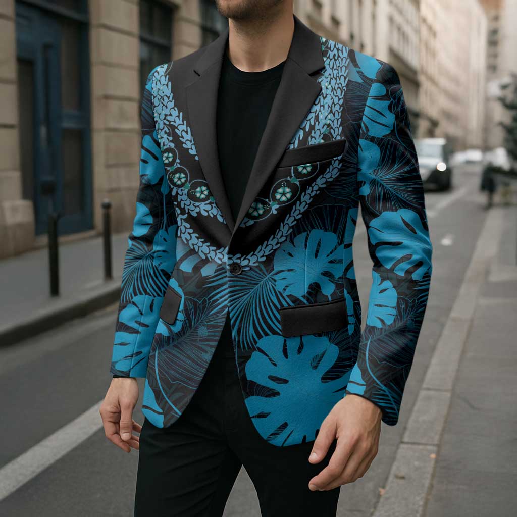 Blue Hawaii Kukui Nut Lei Blazer Hawaiian Pattern Monstera Tropical Vibes - Polynesian Pride