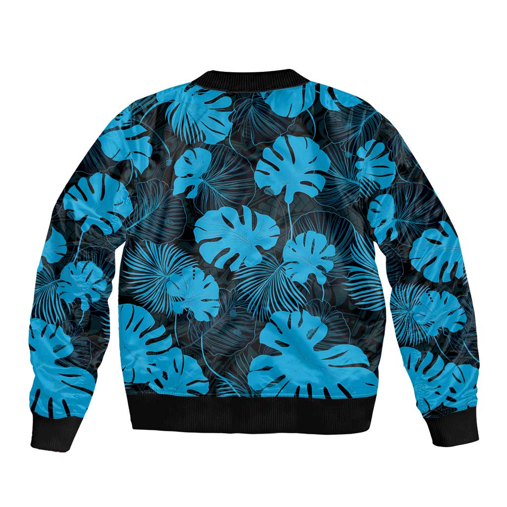 Blue Hawaii Kukui Nut Lei Bomber Jacket Hawaiian Pattern Monstera Tropical Vibes - Polynesian Pride