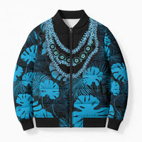 Blue Hawaii Kukui Nut Lei Bomber Puffer Jacket Hawaiian Pattern Monstera Tropical Vibes - Polynesian Pride