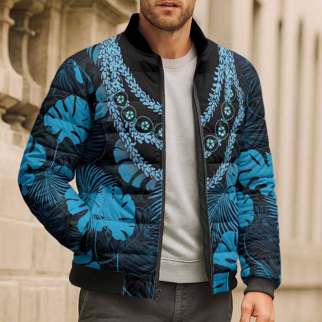 Blue Hawaii Kukui Nut Lei Bomber Puffer Jacket Hawaiian Pattern Monstera Tropical Vibes - Polynesian Pride