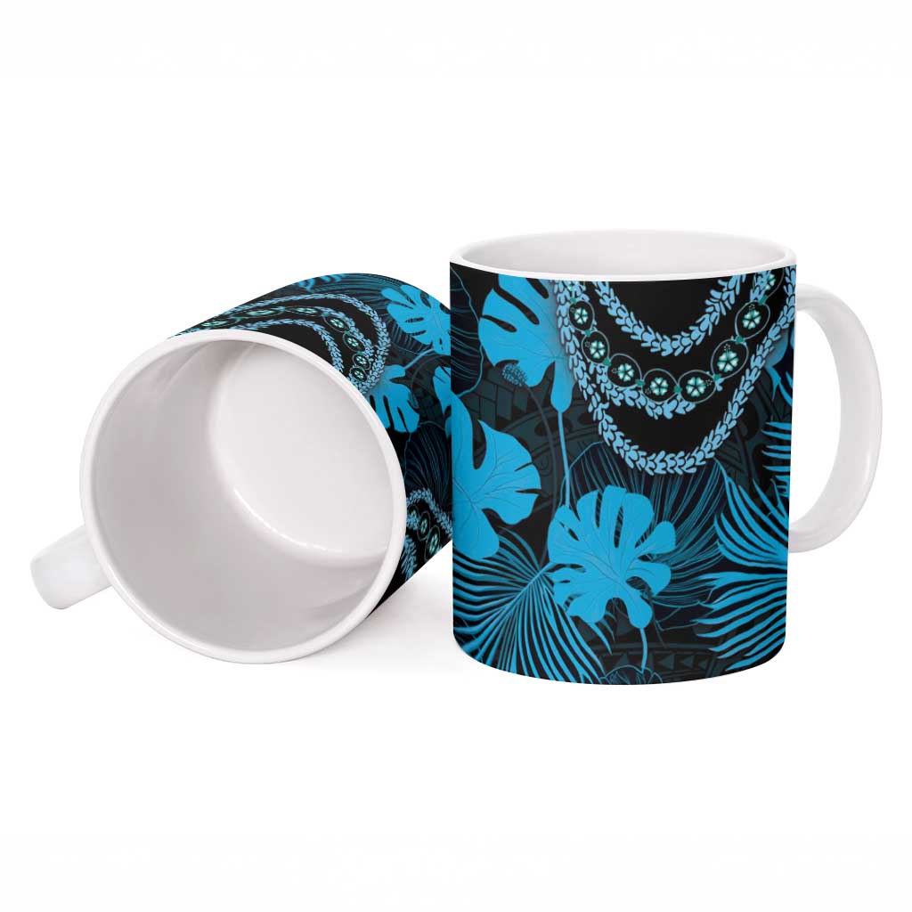Blue Hawaii Kukui Nut Lei Ceramic Mug Hawaiian Pattern Monstera Tropical Vibes - Polynesian Pride