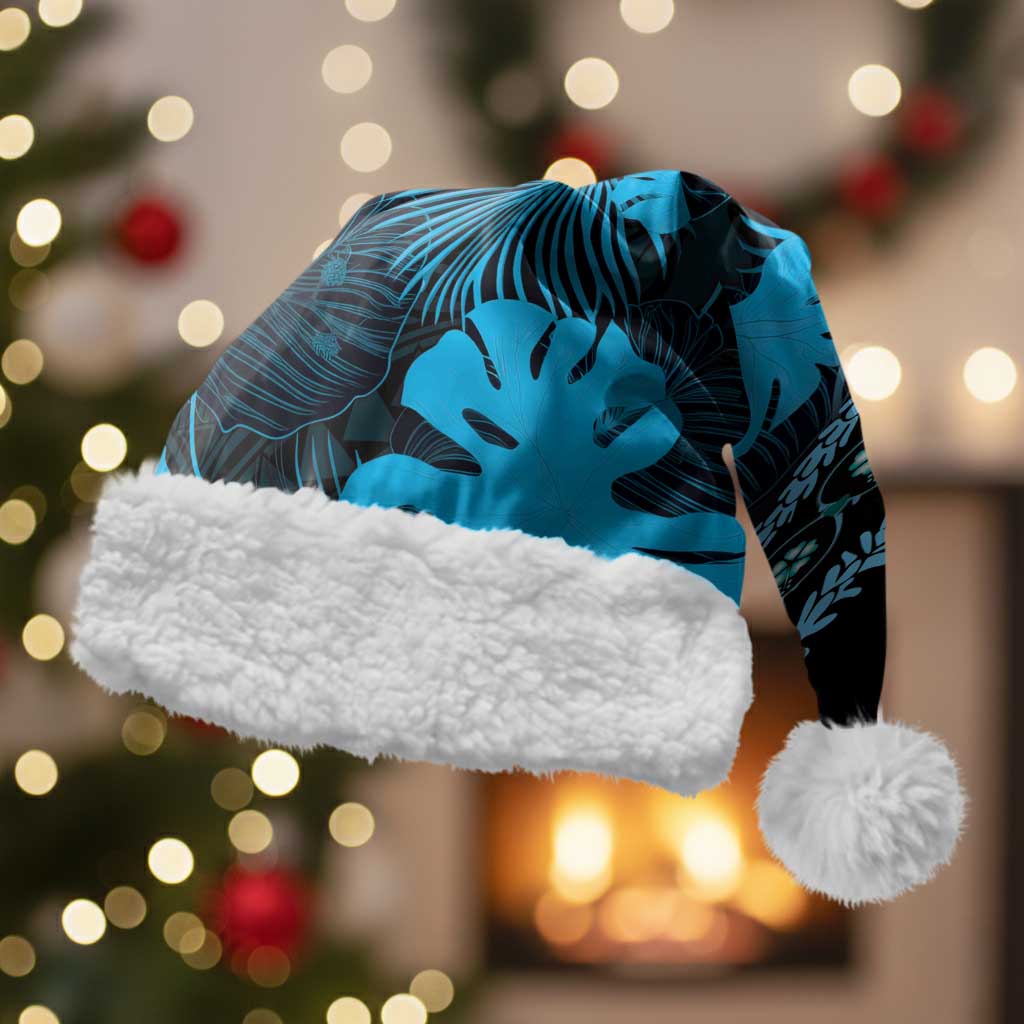 Blue Hawaii Kukui Nut Lei Christmas Santa Hat Hawaiian Pattern Monstera Tropical Vibes - Polynesian Pride