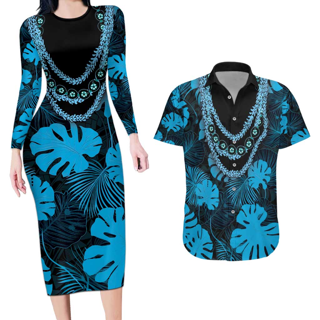 Blue Hawaii Kukui Nut Lei Couples Matching Long Sleeve Bodycon Dress and Hawaiian Shirt Hawaiian Pattern Monstera Tropical Vibes - Polynesian Pride