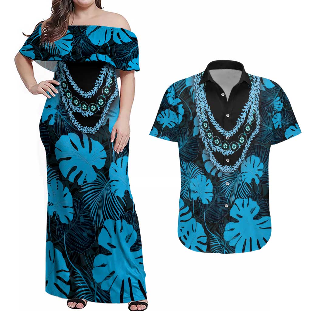 Blue Hawaii Kukui Nut Lei Couples Matching Off Shoulder Maxi Dress and Hawaiian Shirt Hawaiian Pattern Monstera Tropical Vibes - Polynesian Pride