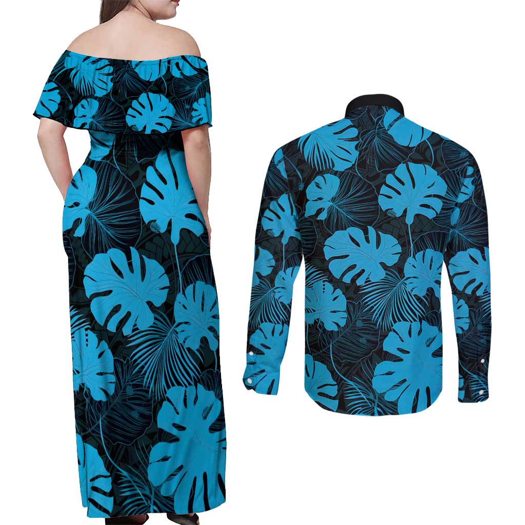 Blue Hawaii Kukui Nut Lei Couples Matching Off Shoulder Maxi Dress and Long Sleeve Button Shirt Hawaiian Pattern Monstera Tropical Vibes - Polynesian Pride