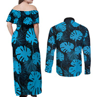 Blue Hawaii Kukui Nut Lei Couples Matching Off Shoulder Maxi Dress and Long Sleeve Button Shirt Hawaiian Pattern Monstera Tropical Vibes - Polynesian Pride