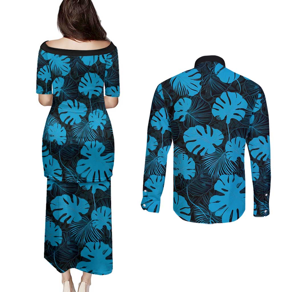 Blue Hawaii Kukui Nut Lei Couples Matching Puletasi and Long Sleeve Button Shirt Hawaiian Pattern Monstera Tropical Vibes - Polynesian Pride