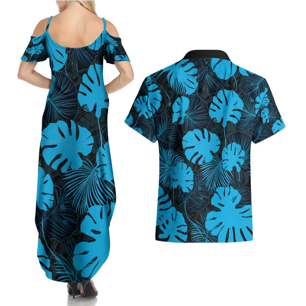 Blue Hawaii Kukui Nut Lei Couples Matching Summer Maxi Dress and Hawaiian Shirt Hawaiian Pattern Monstera Tropical Vibes - Polynesian Pride