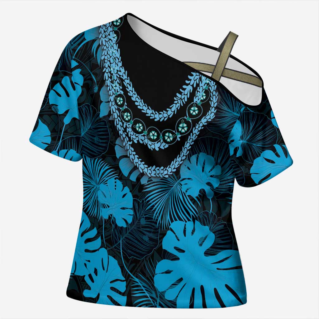 Blue Hawaii Kukui Nut Lei Cross Shoulder Shirt Hawaiian Pattern Monstera Tropical Vibes - Polynesian Pride