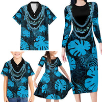 Blue Hawaii Kukui Nut Lei Family Matching Long Sleeve Bodycon Dress and Hawaiian Shirt Hawaiian Pattern Monstera Tropical Vibes - Polynesian Pride