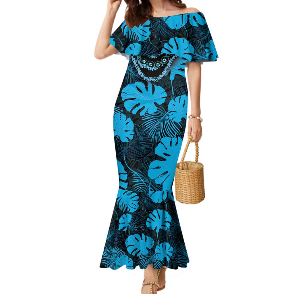 Blue Hawaii Kukui Nut Lei Family Matching Mermaid Dress and Hawaiian Shirt Hawaiian Pattern Monstera Tropical Vibes - Polynesian Pride