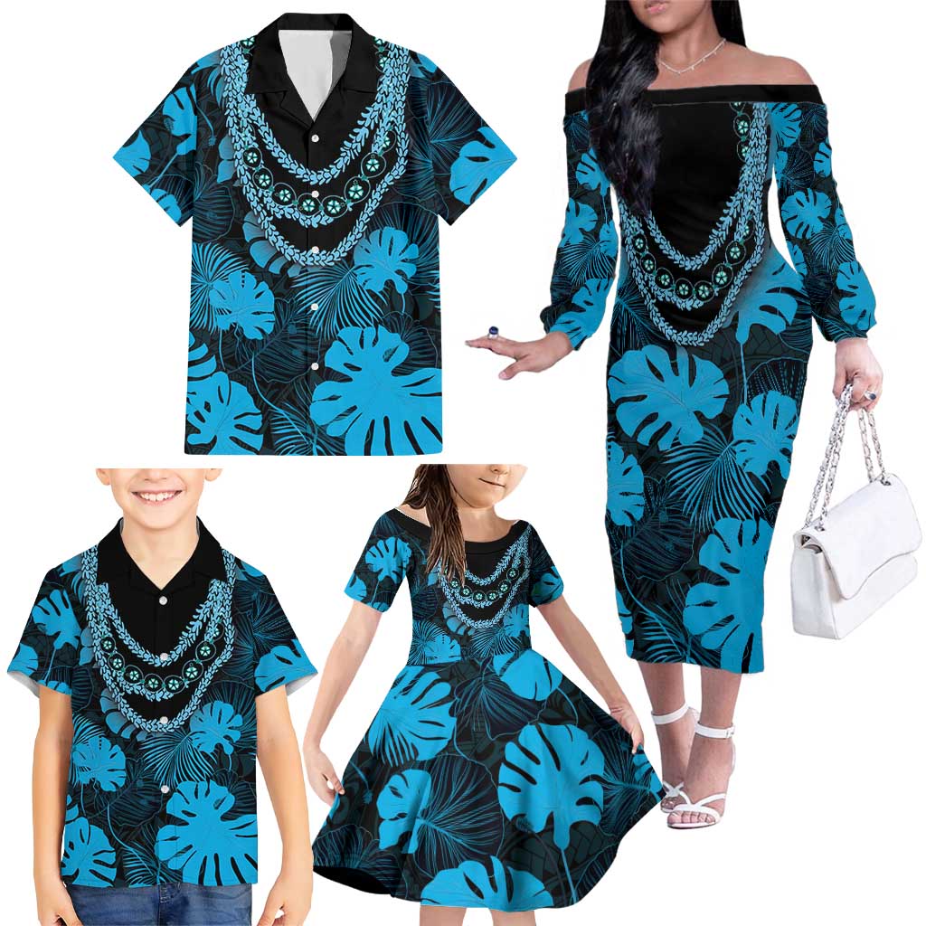 Blue Hawaii Kukui Nut Lei Family Matching Off The Shoulder Long Sleeve Dress and Hawaiian Shirt Hawaiian Pattern Monstera Tropical Vibes - Polynesian Pride