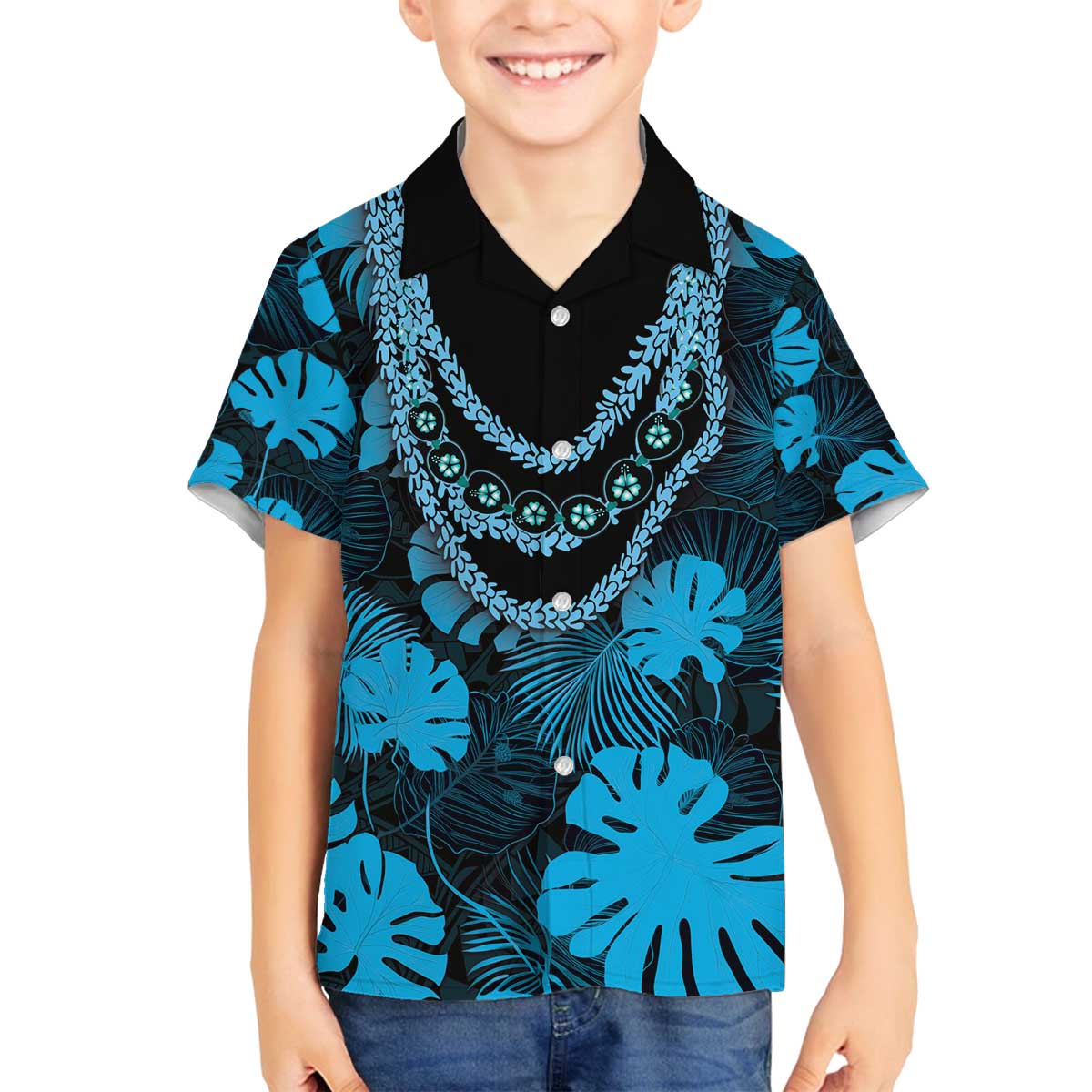 Blue Hawaii Kukui Nut Lei Family Matching Off The Shoulder Long Sleeve Dress and Hawaiian Shirt Hawaiian Pattern Monstera Tropical Vibes - Polynesian Pride