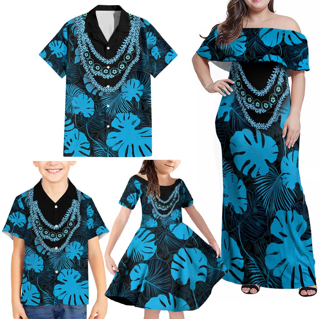 Blue Hawaii Kukui Nut Lei Family Matching Off Shoulder Maxi Dress and Hawaiian Shirt Hawaiian Pattern Monstera Tropical Vibes - Polynesian Pride