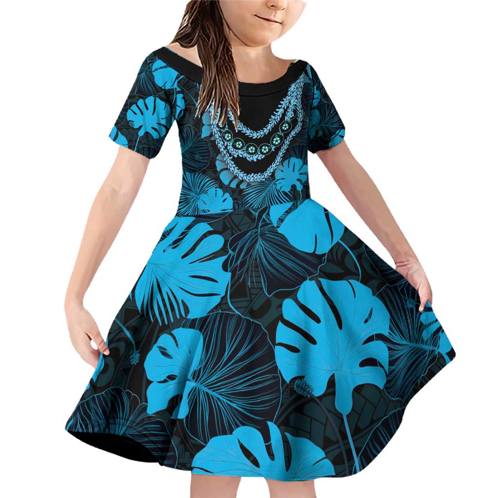 Blue Hawaii Kukui Nut Lei Family Matching Off Shoulder Short Dress and Hawaiian Shirt Hawaiian Pattern Monstera Tropical Vibes - Polynesian Pride