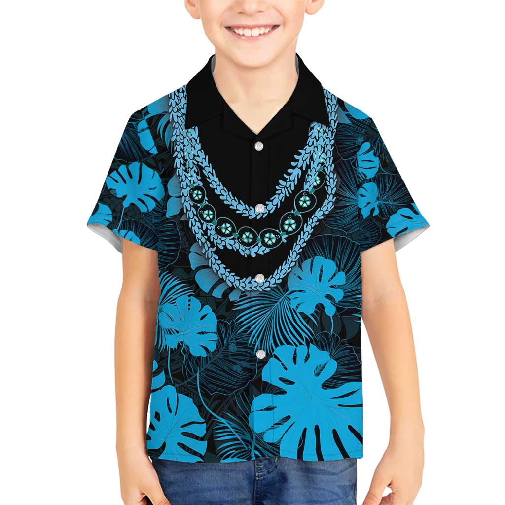 Blue Hawaii Kukui Nut Lei Family Matching Off Shoulder Short Dress and Hawaiian Shirt Hawaiian Pattern Monstera Tropical Vibes - Polynesian Pride