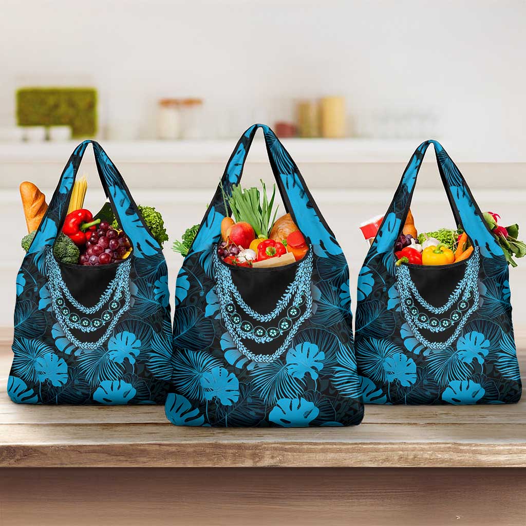 Blue Hawaii Kukui Nut Lei Grocery Bag Hawaiian Pattern Monstera Tropical Vibes - Polynesian Pride