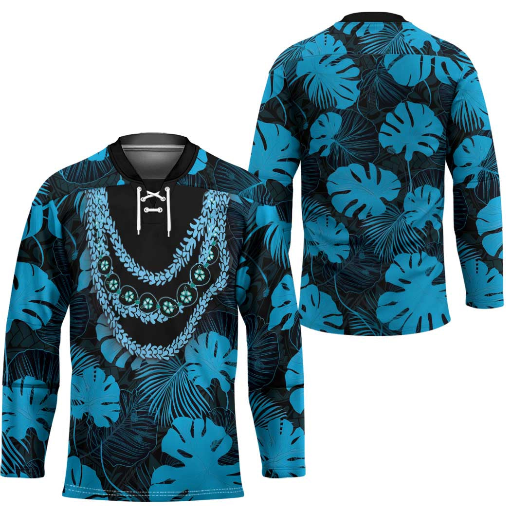 Blue Hawaii Kukui Nut Lei Hockey Jersey Hawaiian Pattern Monstera Tropical Vibes - Polynesian Pride
