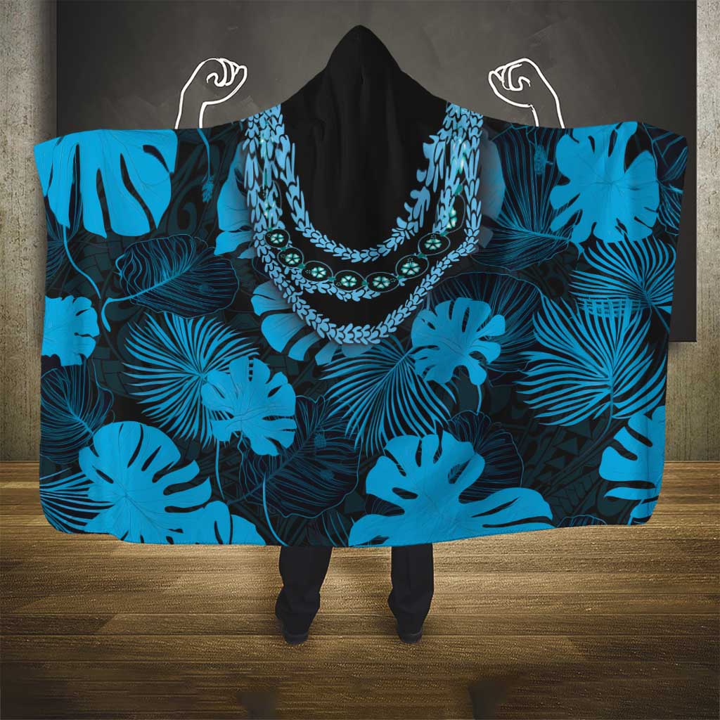 Blue Hawaii Kukui Nut Lei Hooded Blanket Hawaiian Pattern Monstera Tropical Vibes - Polynesian Pride