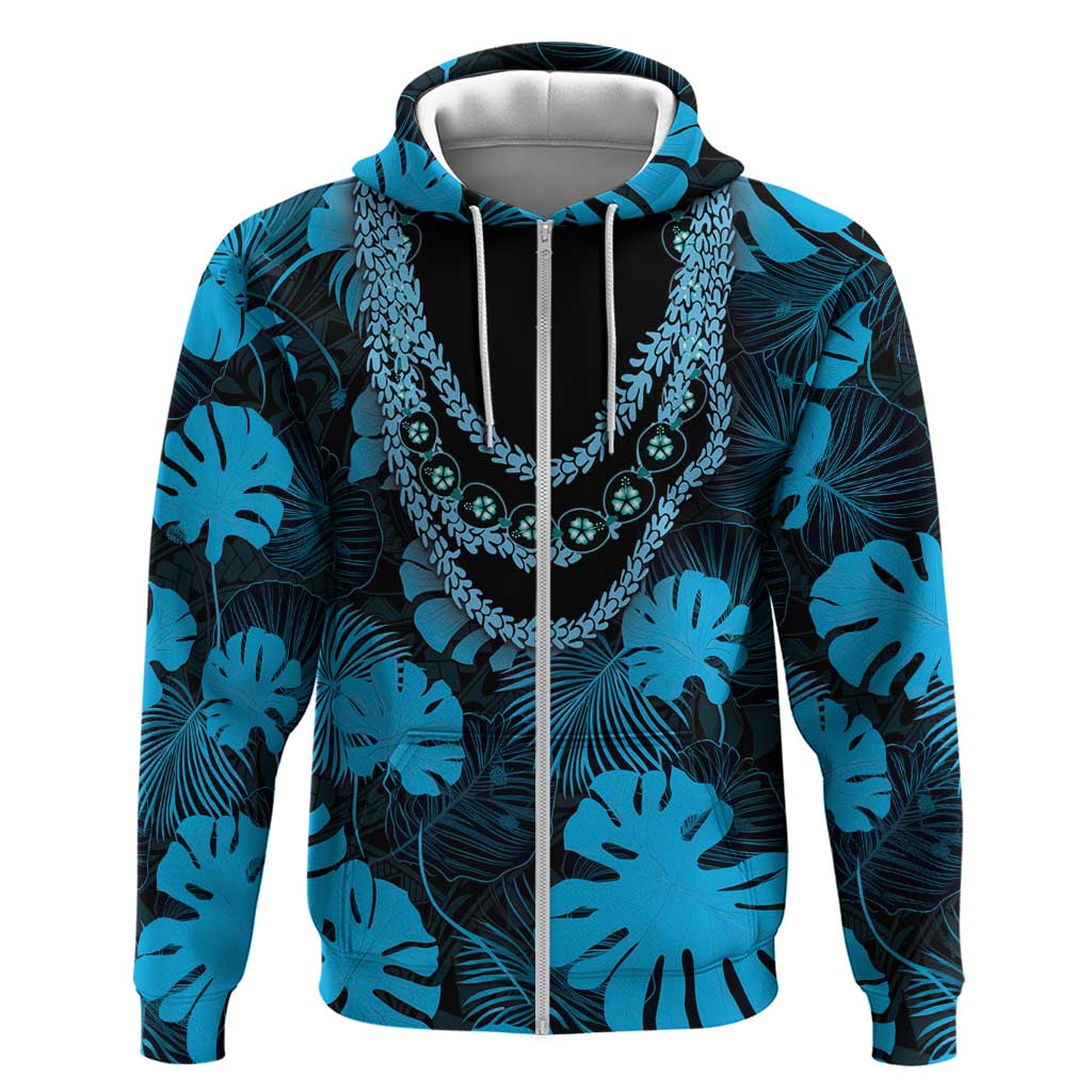 Blue Hawaii Kukui Nut Lei Hoodie Hawaiian Pattern Monstera Tropical Vibes - Polynesian Pride