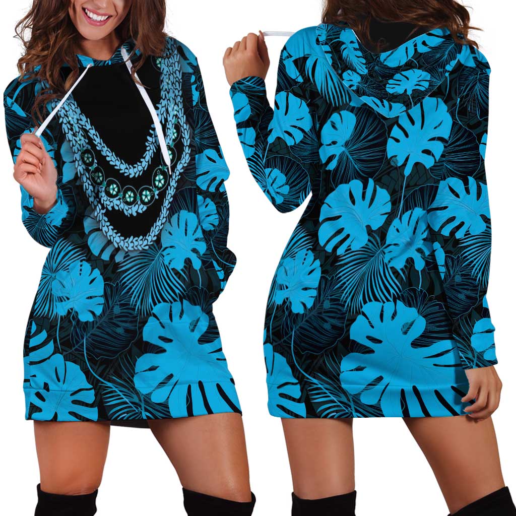 Blue Hawaii Kukui Nut Lei Hoodie Dress Hawaiian Pattern Monstera Tropical Vibes - Polynesian Pride