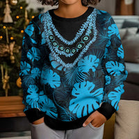 Blue Hawaii Kukui Nut Lei Kid Ugly Christmas Sweater Hawaiian Pattern Monstera Tropical Vibes - Polynesian Pride