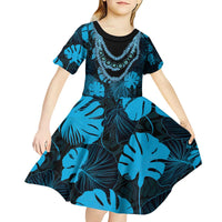 Blue Hawaii Kukui Nut Lei Kid Short Sleeve Dress Hawaiian Pattern Monstera Tropical Vibes - Polynesian Pride