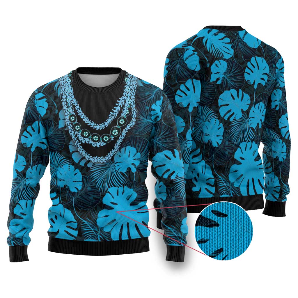 Blue Hawaii Kukui Nut Lei Ugly Christmas Sweater Hawaiian Pattern Monstera Tropical Vibes - Polynesian Pride