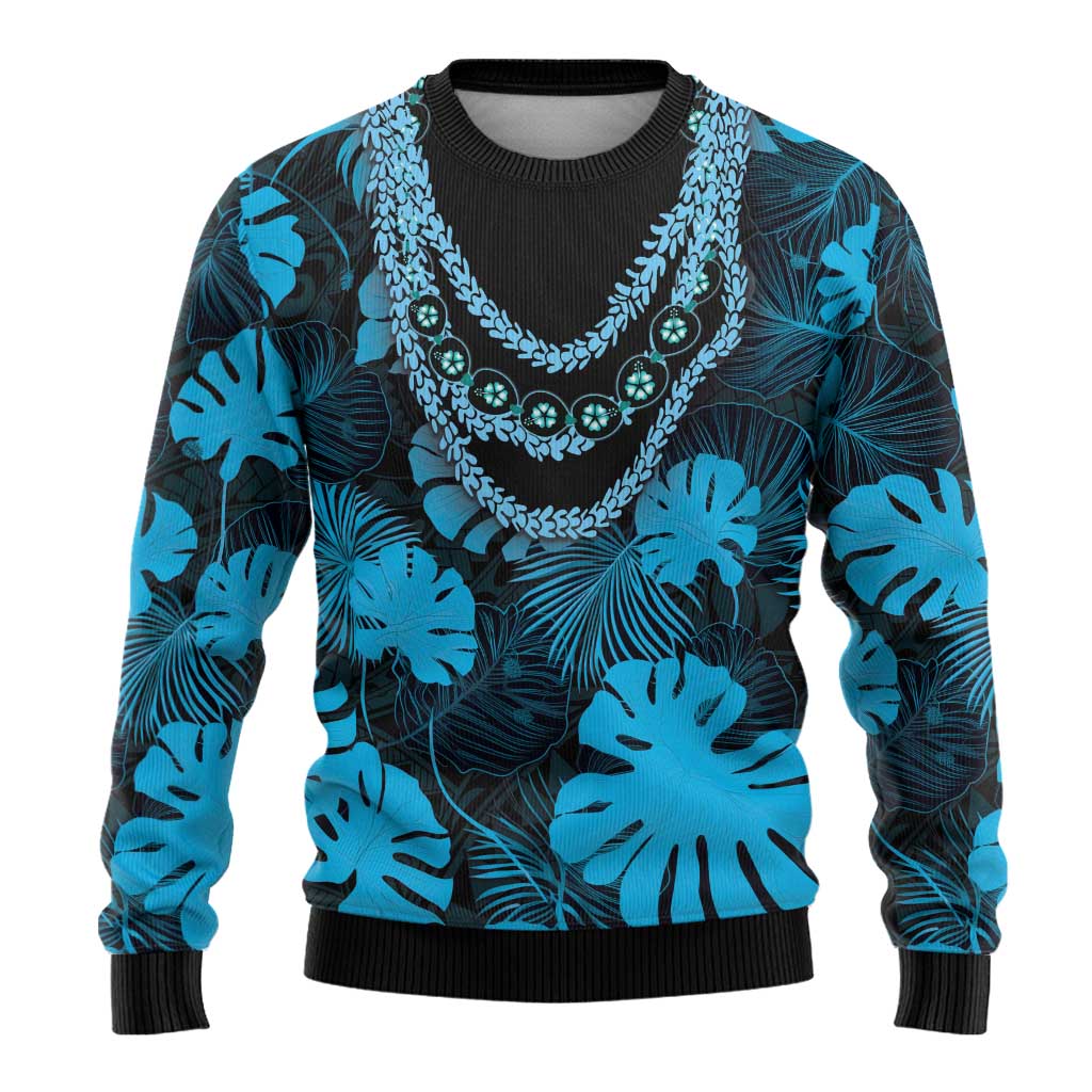 Blue Hawaii Kukui Nut Lei Ugly Christmas Sweater Hawaiian Pattern Monstera Tropical Vibes - Polynesian Pride