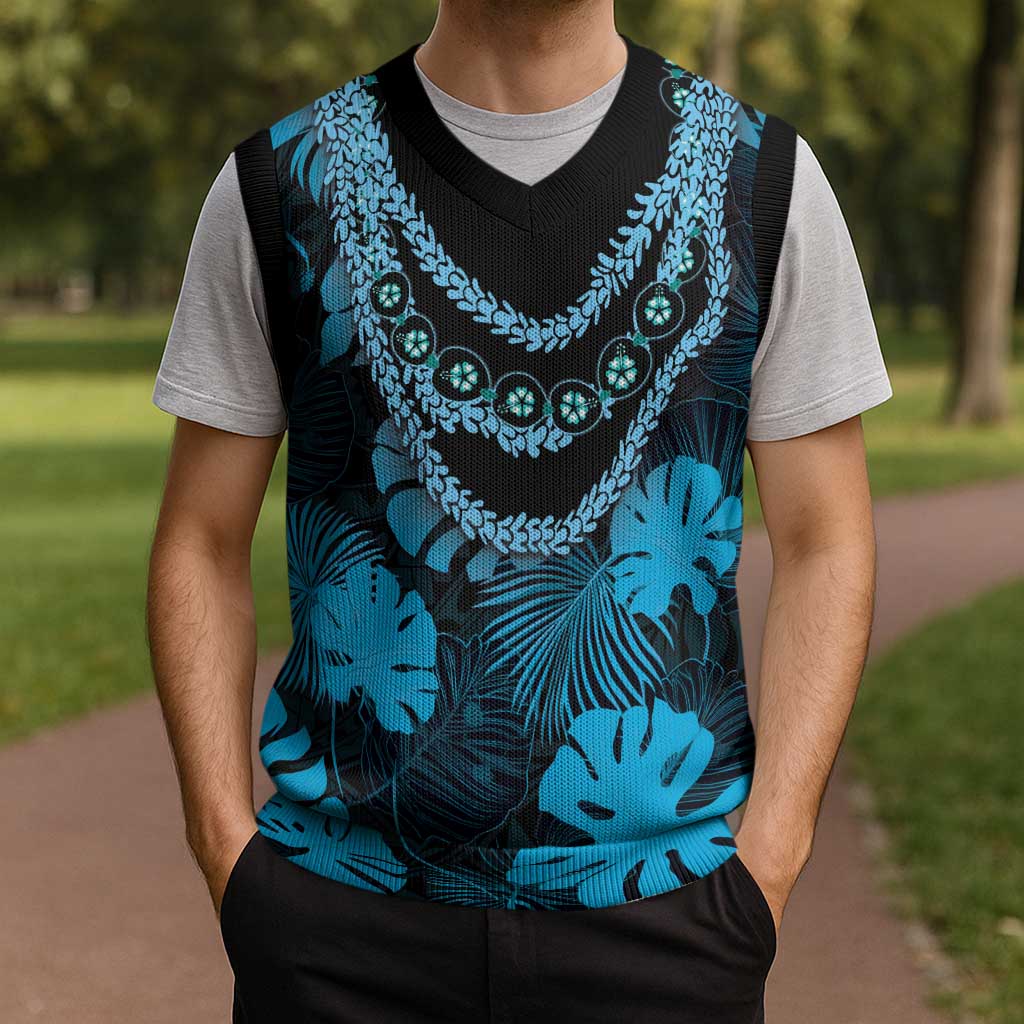 Blue Hawaii Kukui Nut Lei Christmas Knitted V-Neck Vest Hawaiian Pattern Monstera Tropical Vibes - Polynesian Pride