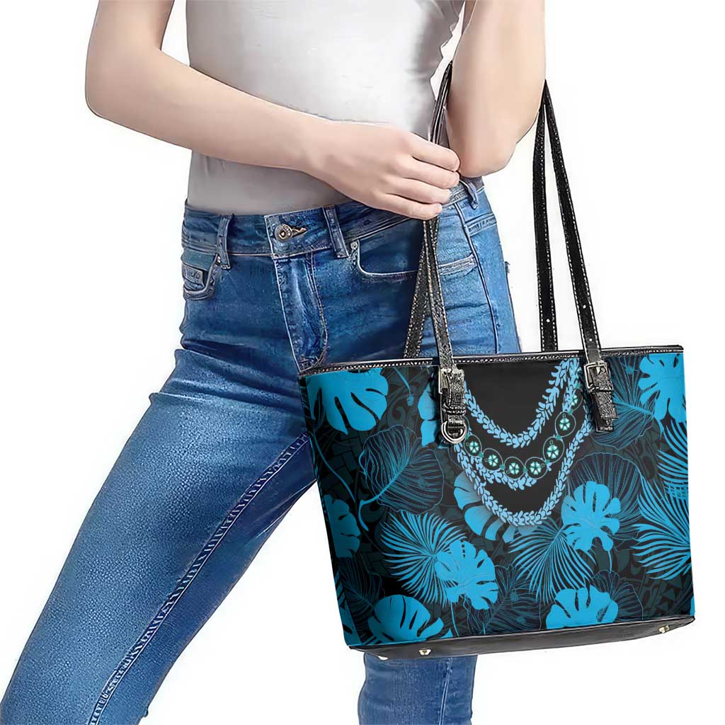 Blue Hawaii Kukui Nut Lei Leather Tote Bag Hawaiian Pattern Monstera Tropical Vibes - Polynesian Pride