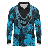 Blue Hawaii Kukui Nut Lei Long Sleeve Polo Shirt Hawaiian Pattern Monstera Tropical Vibes - Polynesian Pride