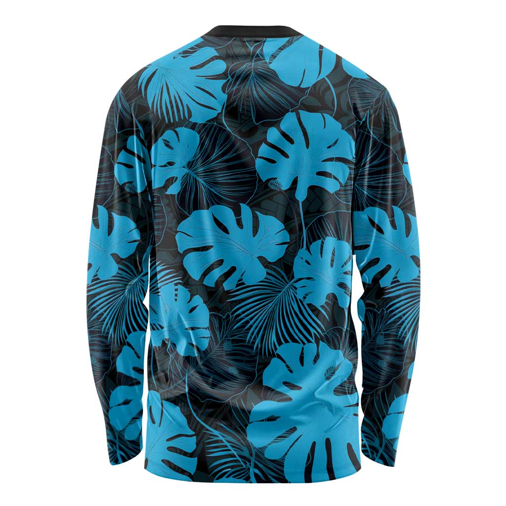 Blue Hawaii Kukui Nut Lei Long Sleeve Shirt Hawaiian Pattern Monstera Tropical Vibes - Polynesian Pride