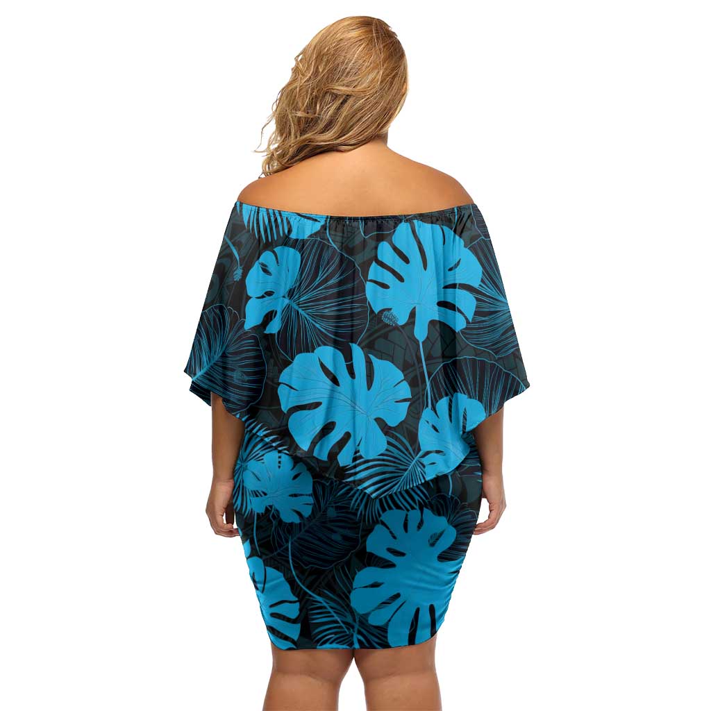 Blue Hawaii Kukui Nut Lei Off Shoulder Short Dress Hawaiian Pattern Monstera Tropical Vibes - Polynesian Pride