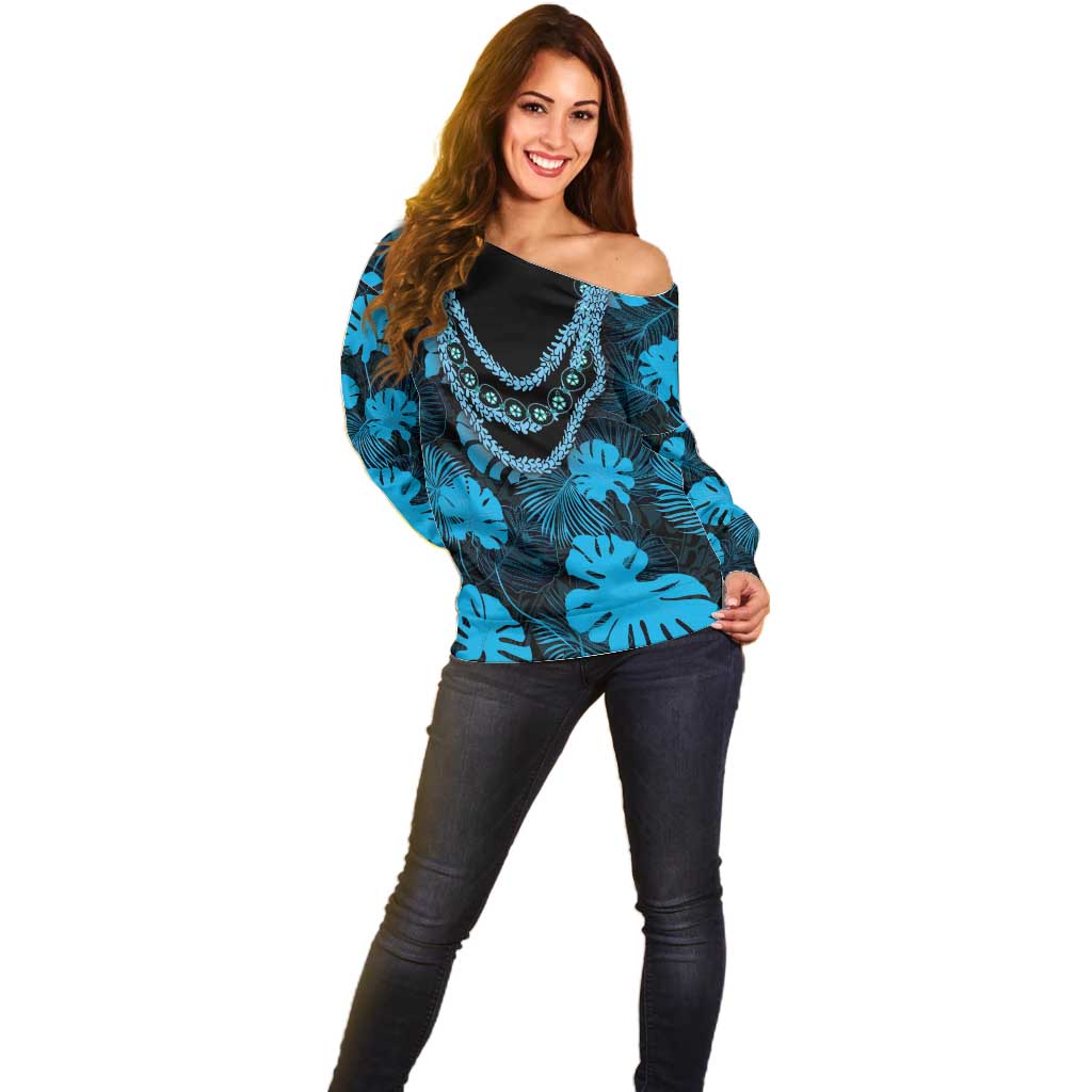 Blue Hawaii Kukui Nut Lei Off Shoulder Sweater Hawaiian Pattern Monstera Tropical Vibes - Polynesian Pride