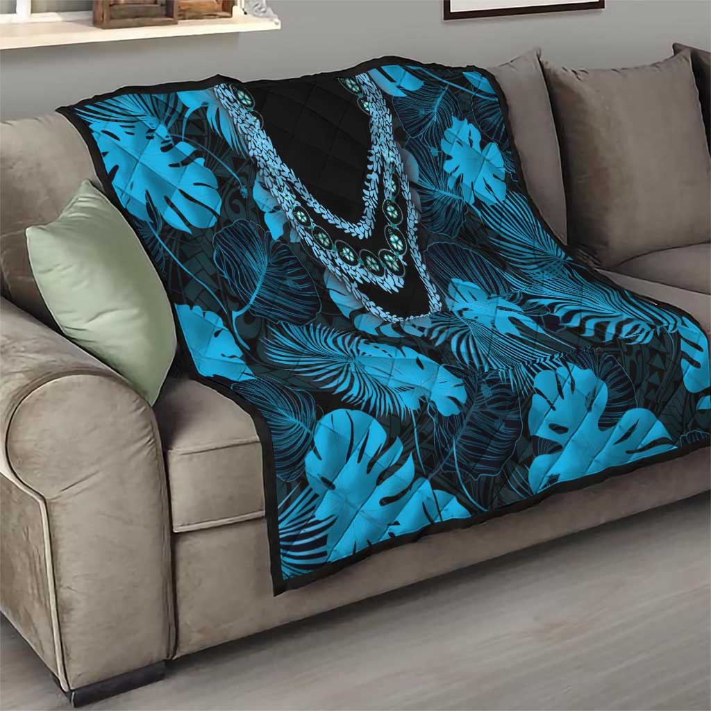 Blue Hawaii Kukui Nut Lei Quilt Hawaiian Pattern Monstera Tropical Vibes - Polynesian Pride