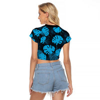Blue Hawaii Kukui Nut Lei Raglan Cropped T Shirt Hawaiian Pattern Monstera Tropical Vibes - Polynesian Pride