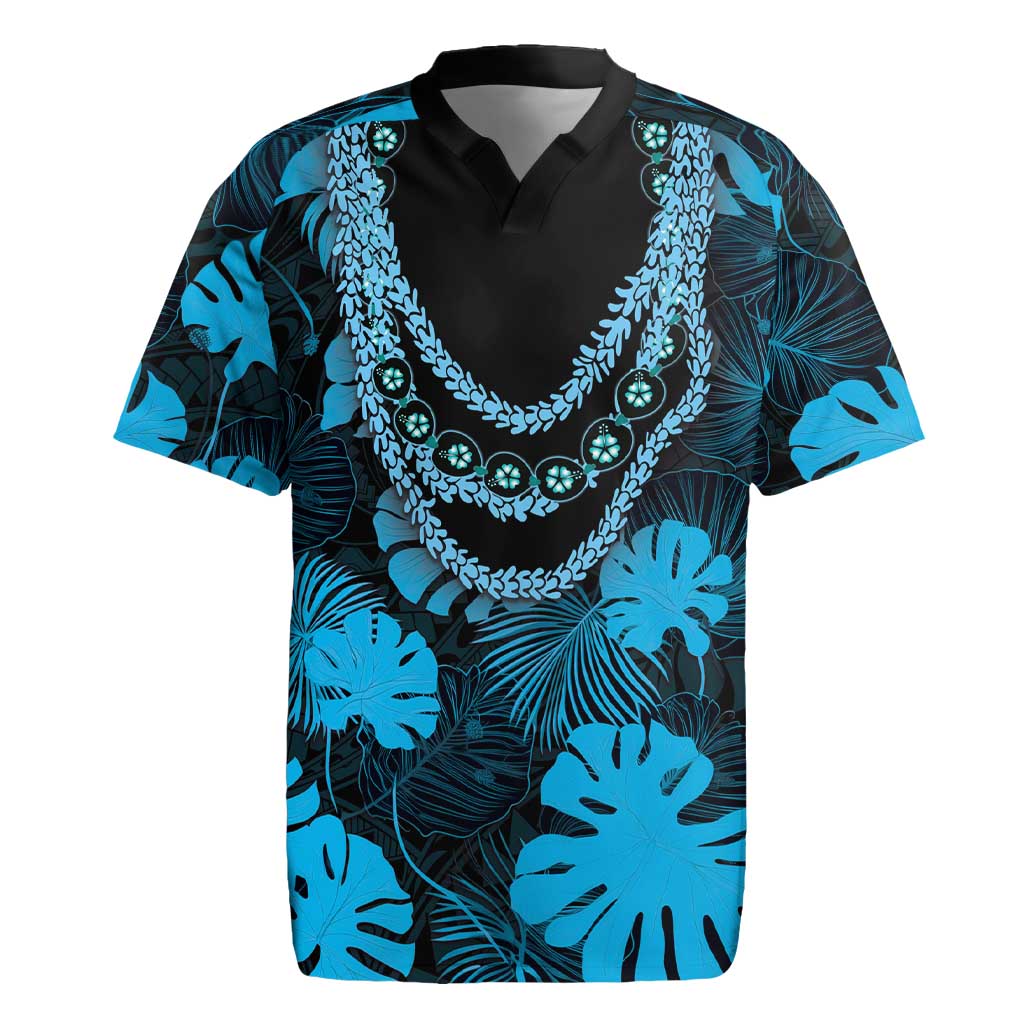 Blue Hawaii Kukui Nut Lei Rugby Jersey Hawaiian Pattern Monstera Tropical Vibes - Polynesian Pride