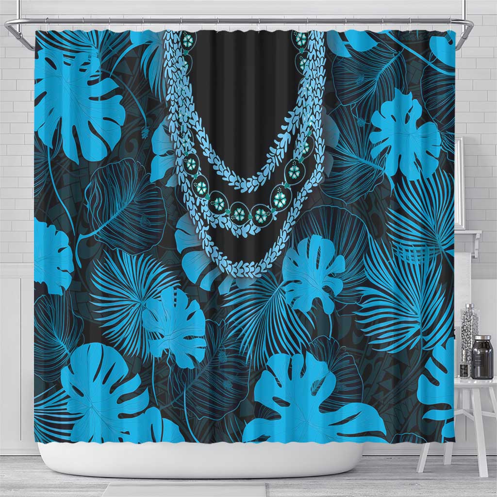 Blue Hawaii Kukui Nut Lei Shower Curtain Hawaiian Pattern Monstera Tropical Vibes - Polynesian Pride