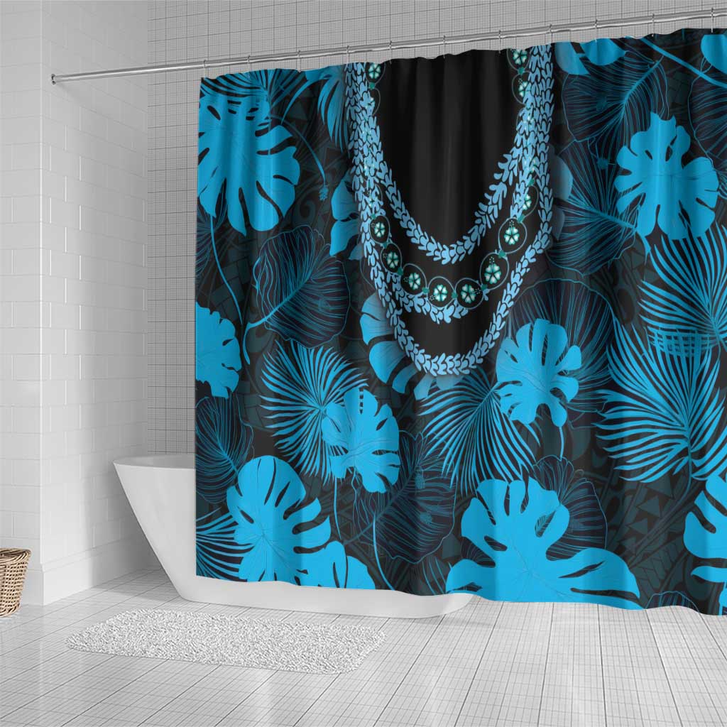 Blue Hawaii Kukui Nut Lei Shower Curtain Hawaiian Pattern Monstera Tropical Vibes - Polynesian Pride