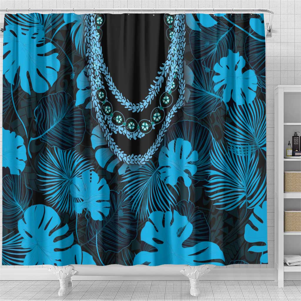 Blue Hawaii Kukui Nut Lei Shower Curtain Hawaiian Pattern Monstera Tropical Vibes - Polynesian Pride