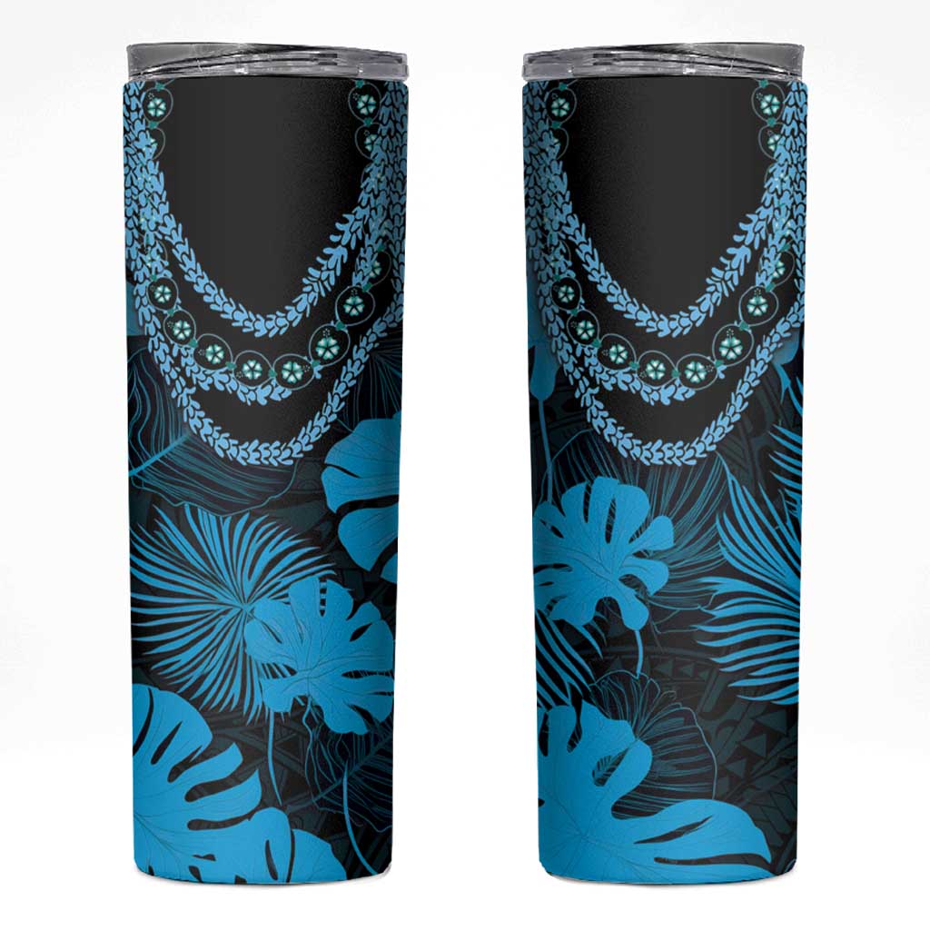 Blue Hawaii Kukui Nut Lei Skinny Tumbler Hawaiian Pattern Monstera Tropical Vibes - Polynesian Pride
